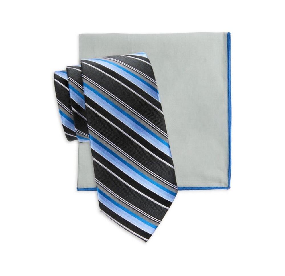 $135 NWT Hickey Freeman Navy Striped 2-Piece Silk Tie & Pocket Square Set